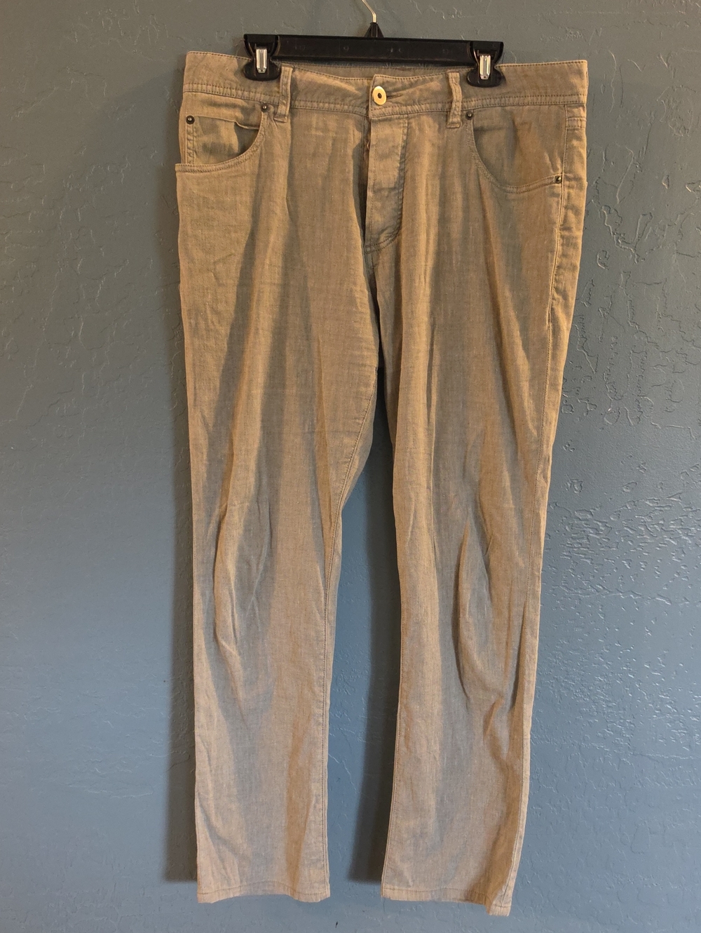 James Perse Men's Linen Blend Button Fly Light Khaki Straight-Leg Chinos